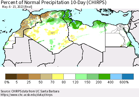 North Africa Percent of Normal Precipitation 10-Day (CHIRPS) Thematic Map For 5/6/2023 - 5/15/2023