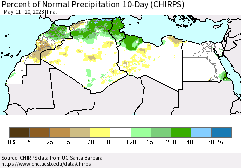 North Africa Percent of Normal Precipitation 10-Day (CHIRPS) Thematic Map For 5/11/2023 - 5/20/2023