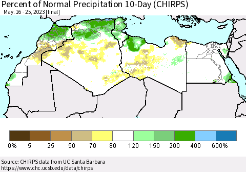North Africa Percent of Normal Precipitation 10-Day (CHIRPS) Thematic Map For 5/16/2023 - 5/25/2023