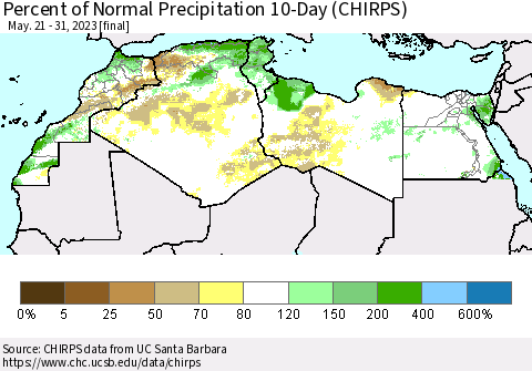 North Africa Percent of Normal Precipitation 10-Day (CHIRPS) Thematic Map For 5/21/2023 - 5/31/2023