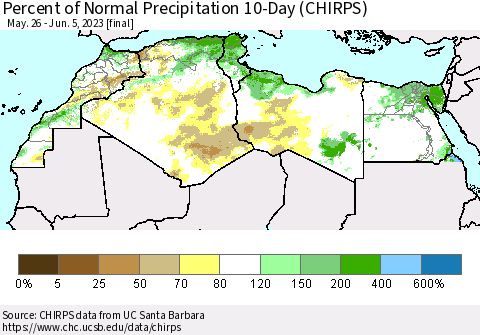 North Africa Percent of Normal Precipitation 10-Day (CHIRPS) Thematic Map For 5/26/2023 - 6/5/2023