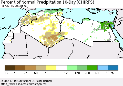 North Africa Percent of Normal Precipitation 10-Day (CHIRPS) Thematic Map For 6/6/2023 - 6/15/2023