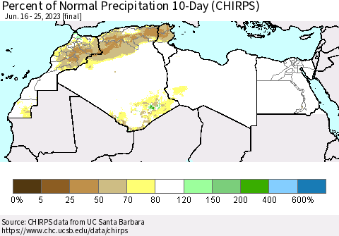 North Africa Percent of Normal Precipitation 10-Day (CHIRPS) Thematic Map For 6/16/2023 - 6/25/2023