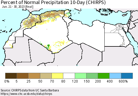 North Africa Percent of Normal Precipitation 10-Day (CHIRPS) Thematic Map For 6/21/2023 - 6/30/2023
