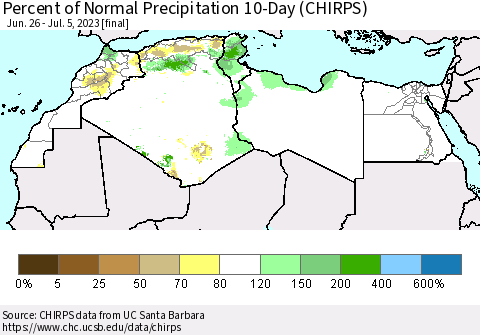 North Africa Percent of Normal Precipitation 10-Day (CHIRPS) Thematic Map For 6/26/2023 - 7/5/2023