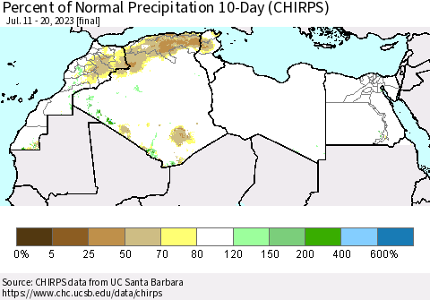 North Africa Percent of Normal Precipitation 10-Day (CHIRPS) Thematic Map For 7/11/2023 - 7/20/2023