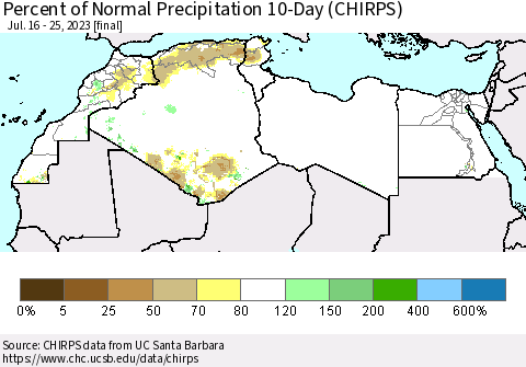 North Africa Percent of Normal Precipitation 10-Day (CHIRPS) Thematic Map For 7/16/2023 - 7/25/2023