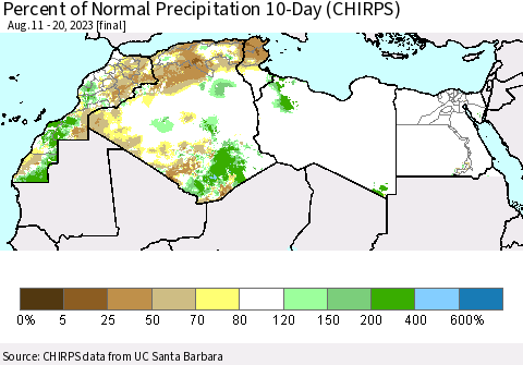North Africa Percent of Normal Precipitation 10-Day (CHIRPS) Thematic Map For 8/11/2023 - 8/20/2023