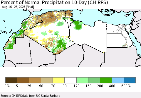 North Africa Percent of Normal Precipitation 10-Day (CHIRPS) Thematic Map For 8/16/2023 - 8/25/2023
