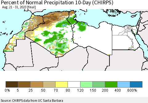 North Africa Percent of Normal Precipitation 10-Day (CHIRPS) Thematic Map For 8/21/2023 - 8/31/2023
