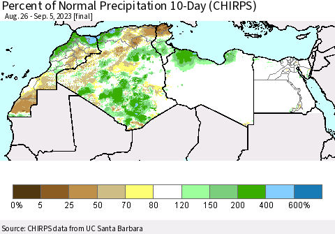 North Africa Percent of Normal Precipitation 10-Day (CHIRPS) Thematic Map For 8/26/2023 - 9/5/2023