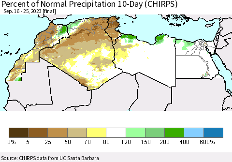 North Africa Percent of Normal Precipitation 10-Day (CHIRPS) Thematic Map For 9/16/2023 - 9/25/2023