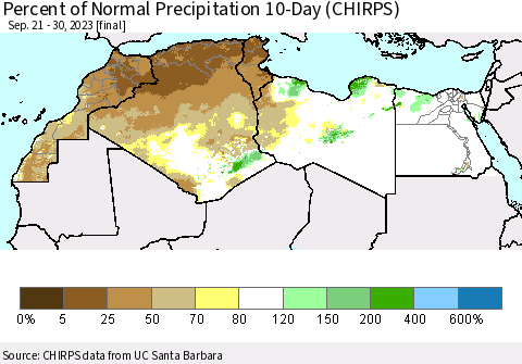 North Africa Percent of Normal Precipitation 10-Day (CHIRPS) Thematic Map For 9/21/2023 - 9/30/2023