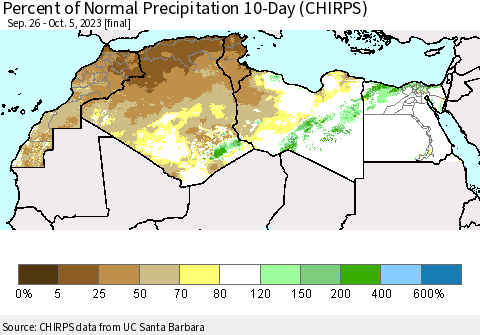North Africa Percent of Normal Precipitation 10-Day (CHIRPS) Thematic Map For 9/26/2023 - 10/5/2023
