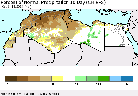 North Africa Percent of Normal Precipitation 10-Day (CHIRPS) Thematic Map For 10/6/2023 - 10/15/2023