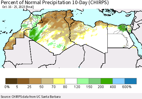 North Africa Percent of Normal Precipitation 10-Day (CHIRPS) Thematic Map For 10/16/2023 - 10/25/2023