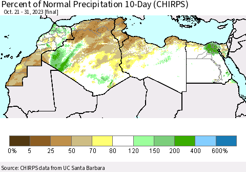 North Africa Percent of Normal Precipitation 10-Day (CHIRPS) Thematic Map For 10/21/2023 - 10/31/2023