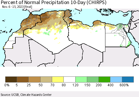 North Africa Percent of Normal Precipitation 10-Day (CHIRPS) Thematic Map For 11/6/2023 - 11/15/2023