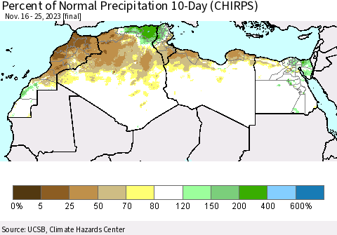 North Africa Percent of Normal Precipitation 10-Day (CHIRPS) Thematic Map For 11/16/2023 - 11/25/2023