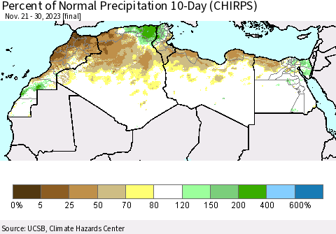 North Africa Percent of Normal Precipitation 10-Day (CHIRPS) Thematic Map For 11/21/2023 - 11/30/2023