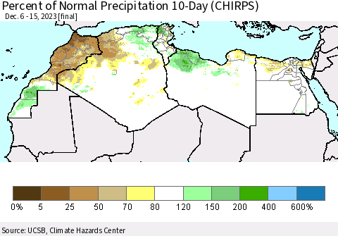 North Africa Percent of Normal Precipitation 10-Day (CHIRPS) Thematic Map For 12/6/2023 - 12/15/2023