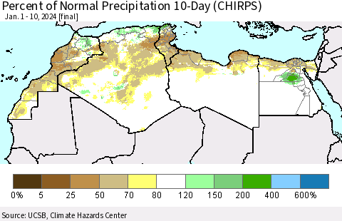 North Africa Percent of Normal Precipitation 10-Day (CHIRPS) Thematic Map For 1/1/2024 - 1/10/2024