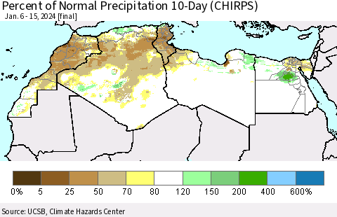 North Africa Percent of Normal Precipitation 10-Day (CHIRPS) Thematic Map For 1/6/2024 - 1/15/2024