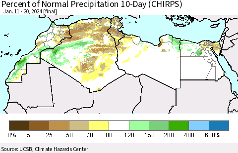 North Africa Percent of Normal Precipitation 10-Day (CHIRPS) Thematic Map For 1/11/2024 - 1/20/2024