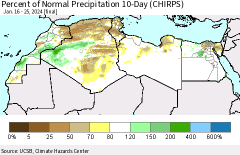 North Africa Percent of Normal Precipitation 10-Day (CHIRPS) Thematic Map For 1/16/2024 - 1/25/2024