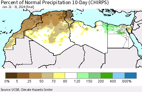 North Africa Percent of Normal Precipitation 10-Day (CHIRPS) Thematic Map For 1/21/2024 - 1/31/2024