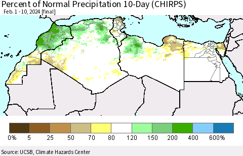 North Africa Percent of Normal Precipitation 10-Day (CHIRPS) Thematic Map For 2/1/2024 - 2/10/2024