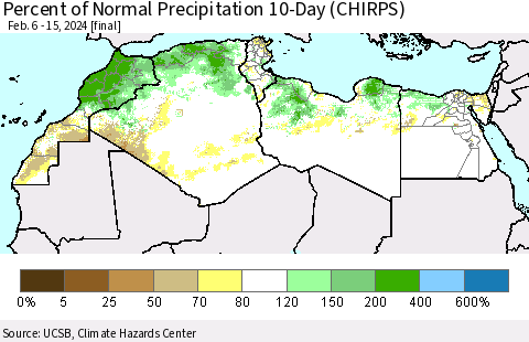 North Africa Percent of Normal Precipitation 10-Day (CHIRPS) Thematic Map For 2/6/2024 - 2/15/2024