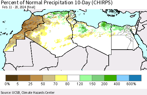 North Africa Percent of Normal Precipitation 10-Day (CHIRPS) Thematic Map For 2/11/2024 - 2/20/2024