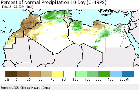North Africa Percent of Normal Precipitation 10-Day (CHIRPS) Thematic Map For 2/16/2024 - 2/25/2024