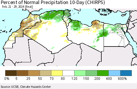 North Africa Percent of Normal Precipitation 10-Day (CHIRPS) Thematic Map For 2/21/2024 - 2/29/2024