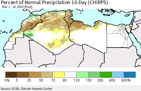 North Africa Percent of Normal Precipitation 10-Day (CHIRPS) Thematic Map For 3/1/2024 - 3/10/2024