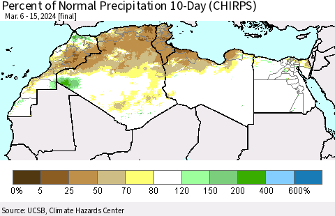 North Africa Percent of Normal Precipitation 10-Day (CHIRPS) Thematic Map For 3/6/2024 - 3/15/2024