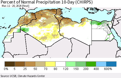 North Africa Percent of Normal Precipitation 10-Day (CHIRPS) Thematic Map For 3/11/2024 - 3/20/2024