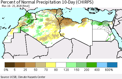 North Africa Percent of Normal Precipitation 10-Day (CHIRPS) Thematic Map For 3/16/2024 - 3/25/2024