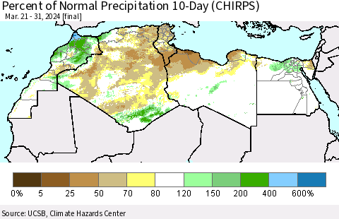 North Africa Percent of Normal Precipitation 10-Day (CHIRPS) Thematic Map For 3/21/2024 - 3/31/2024