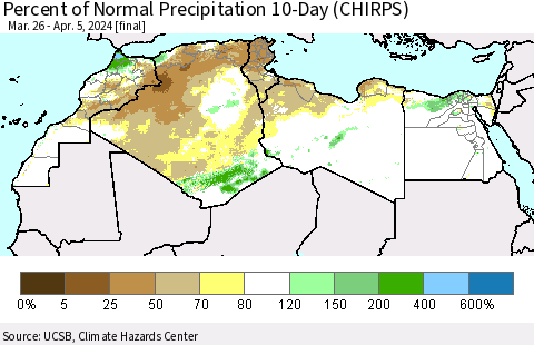 North Africa Percent of Normal Precipitation 10-Day (CHIRPS) Thematic Map For 3/26/2024 - 4/5/2024