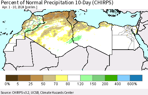 North Africa Percent of Normal Precipitation 10-Day (CHIRPS) Thematic Map For 4/1/2024 - 4/10/2024