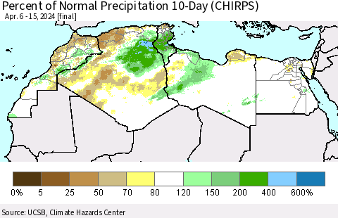 North Africa Percent of Normal Precipitation 10-Day (CHIRPS) Thematic Map For 4/6/2024 - 4/15/2024