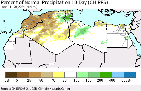 North Africa Percent of Normal Precipitation 10-Day (CHIRPS) Thematic Map For 4/11/2024 - 4/20/2024