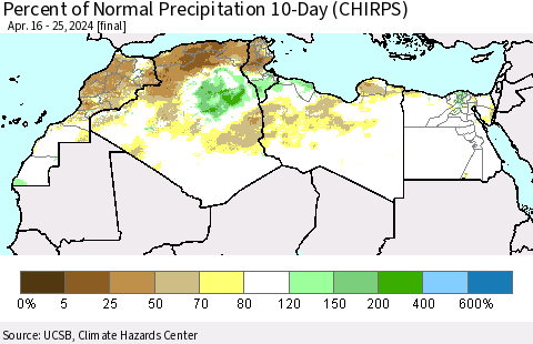 North Africa Percent of Normal Precipitation 10-Day (CHIRPS) Thematic Map For 4/16/2024 - 4/25/2024