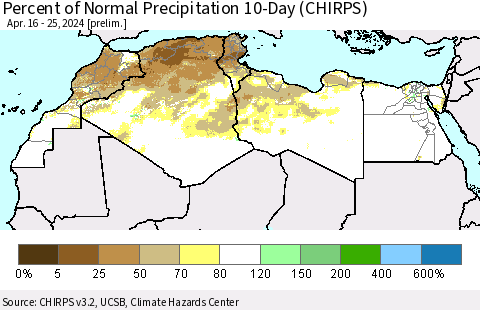 North Africa Percent of Normal Precipitation 10-Day (CHIRPS) Thematic Map For 4/16/2024 - 4/25/2024