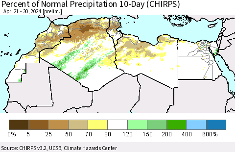 North Africa Percent of Normal Precipitation 10-Day (CHIRPS) Thematic Map For 4/21/2024 - 4/30/2024