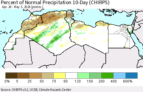 North Africa Percent of Normal Precipitation 10-Day (CHIRPS) Thematic Map For 4/26/2024 - 5/5/2024