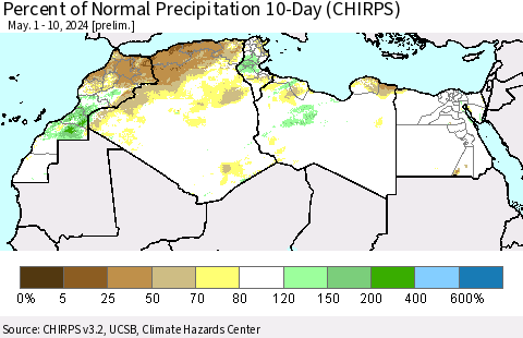 North Africa Percent of Normal Precipitation 10-Day (CHIRPS) Thematic Map For 5/1/2024 - 5/10/2024