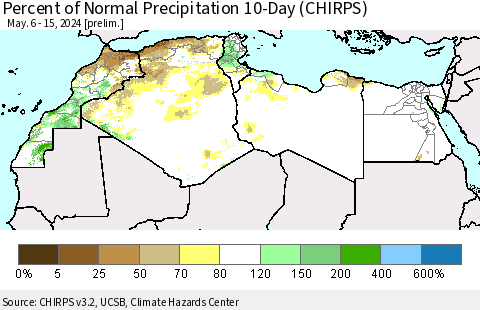 North Africa Percent of Normal Precipitation 10-Day (CHIRPS) Thematic Map For 5/6/2024 - 5/15/2024